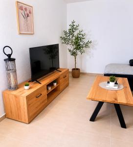 a living room with a television on a wooden entertainment center at Christina in Otok