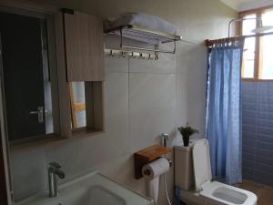 a bathroom with a sink and a toilet and a window at Camphor Mountain View in Lushoto