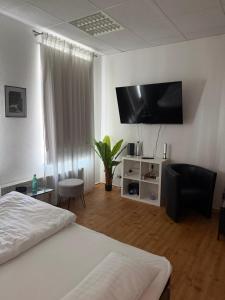 a bedroom with a bed and a flat screen tv at Klein aber fein in Meiningen in Meiningen +17 photos