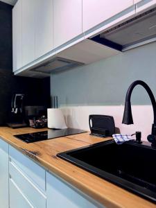a kitchen counter with a sink and a faucet at Sea View Ani in Olimp