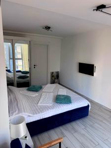 a bedroom with a large bed with two pillows on it at Sea View Ani in Olimp +38 photos