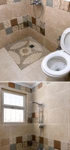 two pictures of a bathroom with a toilet and a shower at فيلا التجاريين in Dawwār ‘Abd Allāh +16 photos