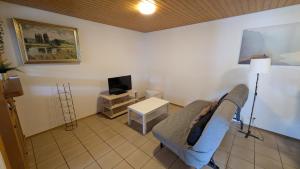 a living room with a couch and a tv at Ferienwohnung Ella in Föckelberg +16 photos
