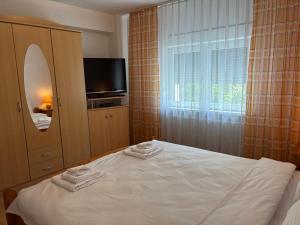 a bedroom with a bed and a tv and a window at Sweet Home in Ocna-Mureşului