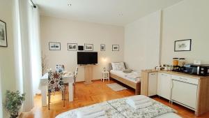 a living room with a couch and a tv at Lavender - City Room with free parking in Pula