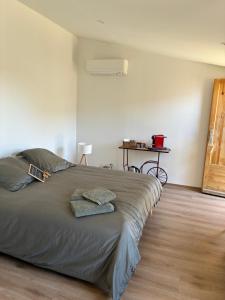 a bedroom with a large bed with two towels on it at Le Cabanon de Pépé in Mane