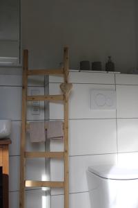 a ladder in a room with towels on a shelf at FreiLAND-Häusle in Weikersheim
