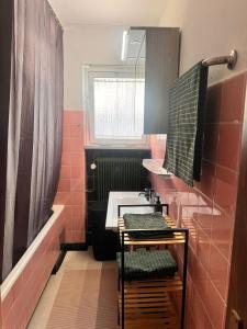 a pink bathroom with a sink and a mirror at E&H Appartements in Bregenz +1 photo