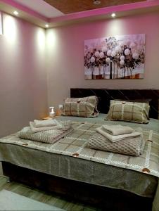 a large bed with pillows and a painting on the wall at Apartmani Alibi in Kula