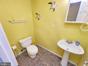 a bathroom with a toilet and a sink and birds on the wall at Beach Condo in Ocean City, MD in Ocean City +9 photos