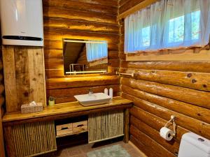 a bathroom with a sink in a log cabin at Pine River Dobrenica in Bihać +49 photos
