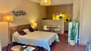 a bedroom with a bed and a table and a kitchen at Les Oliviers in Grimaud +36 photos