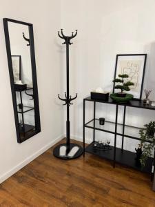 a room with two mirrors and a shelf with a plant at Dare apartments 3 in Giurgiu