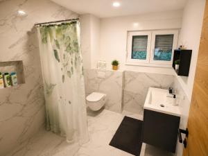 a bathroom with a shower and a toilet and a sink at Sarajevo Apartment in Sarajevo +16 photos