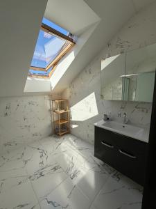 a bathroom with a sink and a skylight at SC Apartments Bad Goisern - contactless check in in Bad Goisern +50 photos