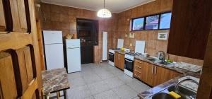 a kitchen with white appliances and wooden walls at Pensiunea TOP DEMAC in Slănic