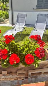 two chairs and red flowers in a wooden box at La Casa di Adele in Tirano