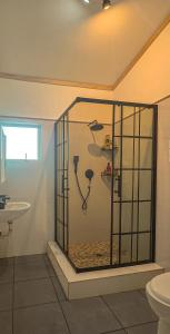 a bathroom with a shower with a sink and a toilet at OasisBhmz in Ponta do Ouro +10 photos