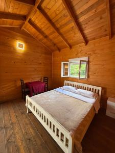 a bedroom with a bed in a wooden cabin at Riverside Rooms Klos in Klos