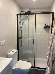 a bathroom with a shower with a toilet and a sink at Ribeira Penélope in Ribeira +4 photos