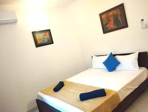 a bedroom with a bed with two blue pillows at Ayubo Villa in Ja-Ela