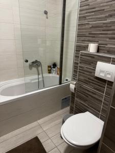 a bathroom with a toilet and a bath tub at SIENA stan na dan Doboj in Doboj +12 photos