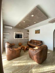 a living room with two leather couches and a tv at Batica in Radanovići