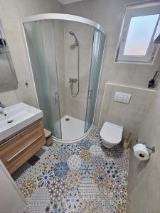 a bathroom with a shower and a toilet and a sink at Guesthouse Maro in Povljana +29 photos