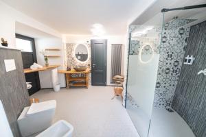 a bathroom with a shower and a toilet and a sink at La Torre Medievale - Storia e Comfort in Licciana Nardi +58 photos