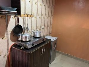 a kitchen with two pots and pans on a stove at Electra Serviced 1 Bedroom Apartment, Lagos in Iju Junction +3 photos
