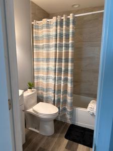 a bathroom with a toilet and a shower curtain at Ben house in Baltimore