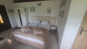 a bedroom with two beds in a white room at Domek w Zaciszu in Cieszyno