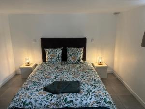a bedroom with a large bed with two night stands at Le Ptit Refuge d'Ay in Ay