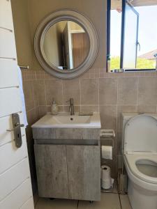 a bathroom with a sink and a mirror and a toilet at Caly Luxury Home in Nelspruit +16 photos