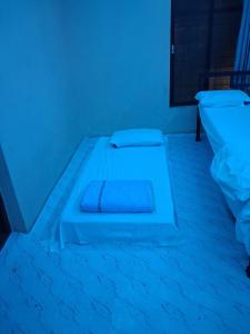 a bed in a room with a blue light at Shree krishn yatri nivas in Ellora