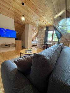 a living room with a blue couch and a table at Apartments S&S in Žabljak