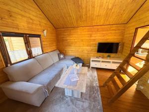 a living room with a couch and a tv at Bungalow am Hafen in Dierhagen