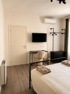 ein Schlafzimmer mit Bett, Stuhl und Fernseher in der Unterkunft Ca' Bregagno in Cremia