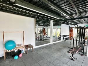 a gym with treadmills and other equipment in a room at Lissiya Hotel in Faralya