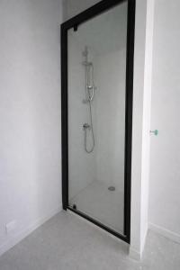 a shower with a glass door in a room at Les cabanes in Noaillan