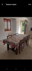 a dining room table with chairs and a tablecloth on it at Charmante maison in Sussac