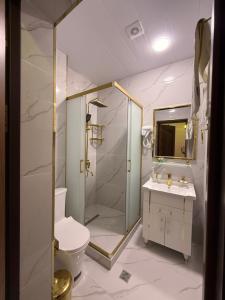a bathroom with a shower and a toilet and a sink at GUZAL Hotel PREMIUM in Bukhara +16 photos