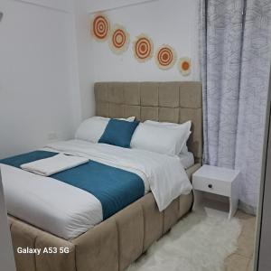 a bedroom with a large bed with blue and white sheets at RyNa Homes in Meru