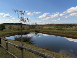 a pond in a field next to a fence at Tranquility Campsite in Winterton