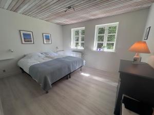 a bedroom with a bed and two windows at Tranum B&B in Brovst