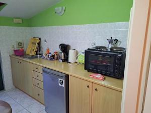 a kitchen with a stove and a microwave on a counter at attic sea view studio in karmiris studios in Zakynthos +4 photos