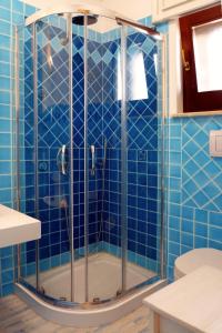a shower in a bathroom with blue tiles at Dammuso Vento Del Sud in Pantelleria +17 photos