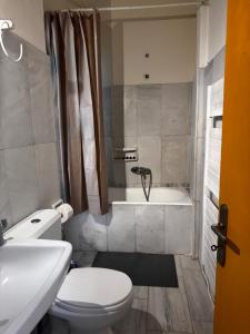 a bathroom with a toilet and a bath tub at Blue Note in Mytilene +8 photos
