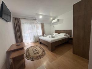 a bedroom with a bed and a tv and a window at Casa Visescu in Băile Herculane