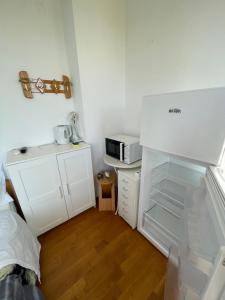 a small kitchen with a refrigerator and a microwave at Blue House 2 in Paliouri